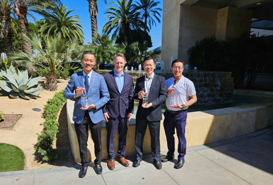 On 10th April 2024, ViTrox President & Group CEO Mr. Chu Jenn Weng (second from right), CEO & Senior Executive Vice President Mr. Wee Kah Khim (left), and Business Development Director Mr. Seow Zi Yang (right) received three New Product Innovation awards from Printed Circuit Engineering Association President Mr Mike Buetow (second from left).